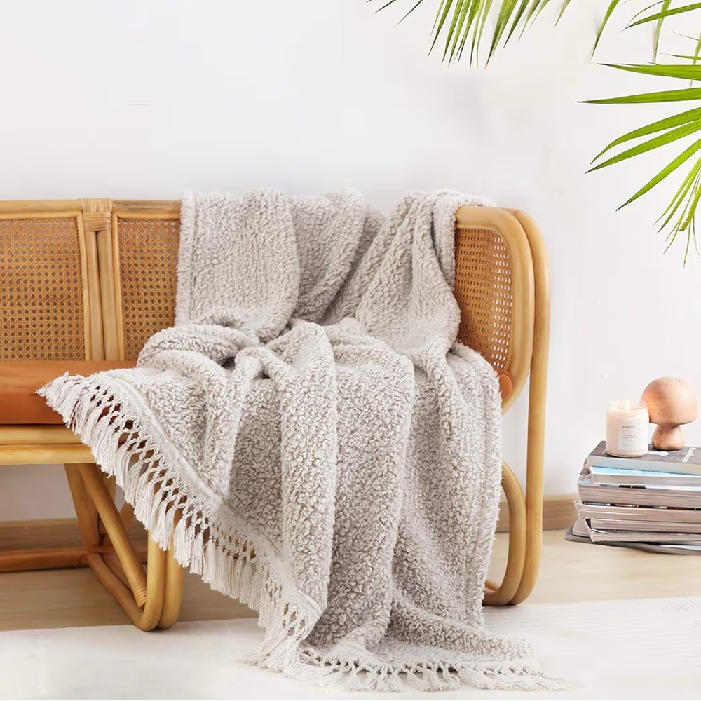 horimote home Ultra Soft Fleece Sherpa Blanket Tassel,  Ombre Light Brown,king - Picture 11 of 14